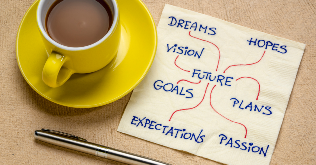 Vision board filled with affirmations and dreams representing rediscovery of life purpose, finding strength after the divorce