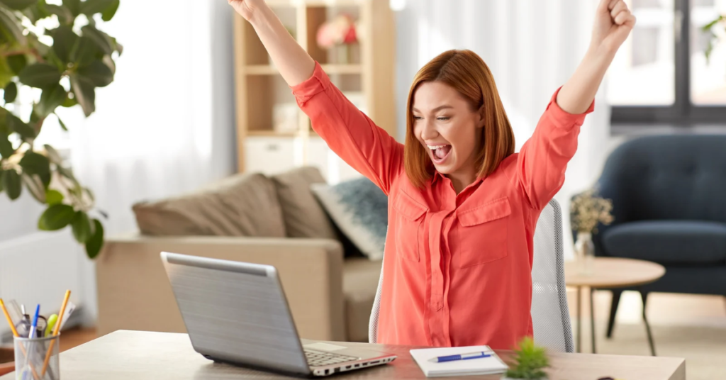 Woman confidently managing her home and work life as a Home CEO, balancing tasks with ease.